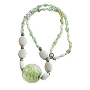 VTG art Glass Swirl beads Necklace clear White Boho green Beaded 26"L rare